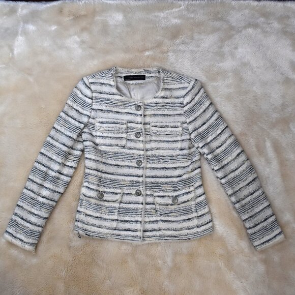 Zara Tweed White & Blue Striped Blazer Womens Size Small - Picture 2 of 10